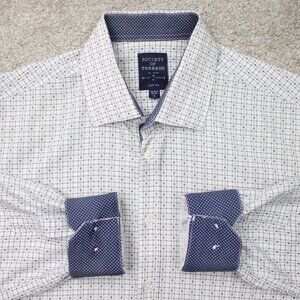 Society of Threads Shirt Mens Large White/Blue 4 Way Stretch Slim Fit Flip Cuff
